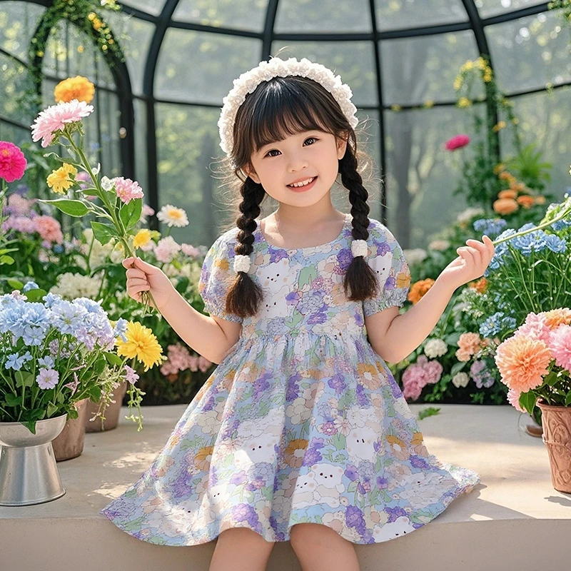 可爱中大童小女孩卡通碎花公主裙夏季泡泡袖绵绸女童连衣裙宝休闲