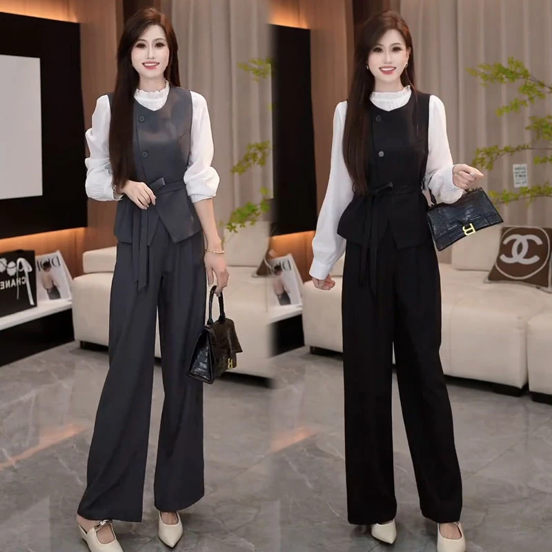 时尚套装女2025早秋新款时髦洋气长袖衬衫马甲阔腿裤气质三件套潮