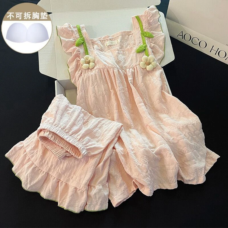 韩系带胸垫睡衣女夏季云朵棉花朵甜美吊带休闲宽松小个子家居服套