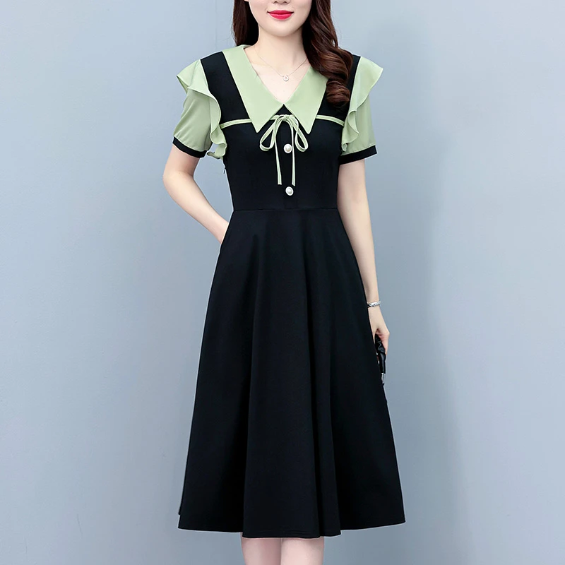 淑女范气质假两件套修身中长款短袖夏季新款连衣裙子大码