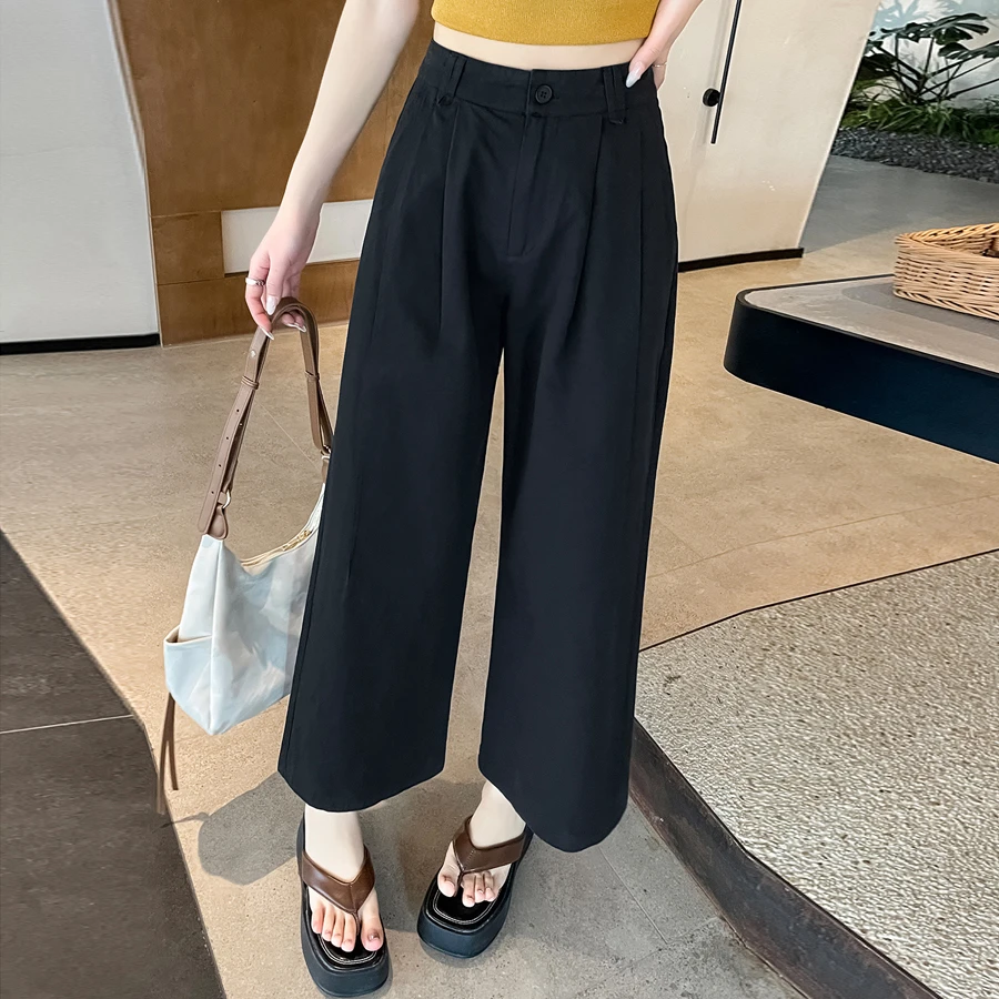 复古韩系洗水棉高腰阔腿裤女2025春夏新款垂感遮肉显瘦九分休闲裤