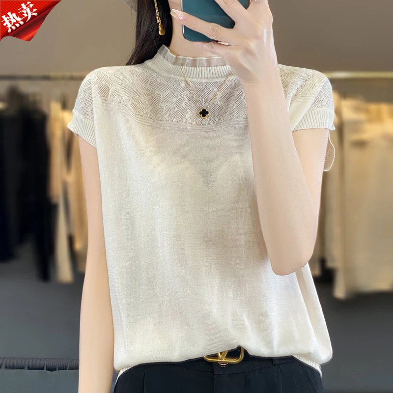 时尚品牌2025夏季新款蕾丝镂空提花百搭针织衫短袖薄款宽松女上衣