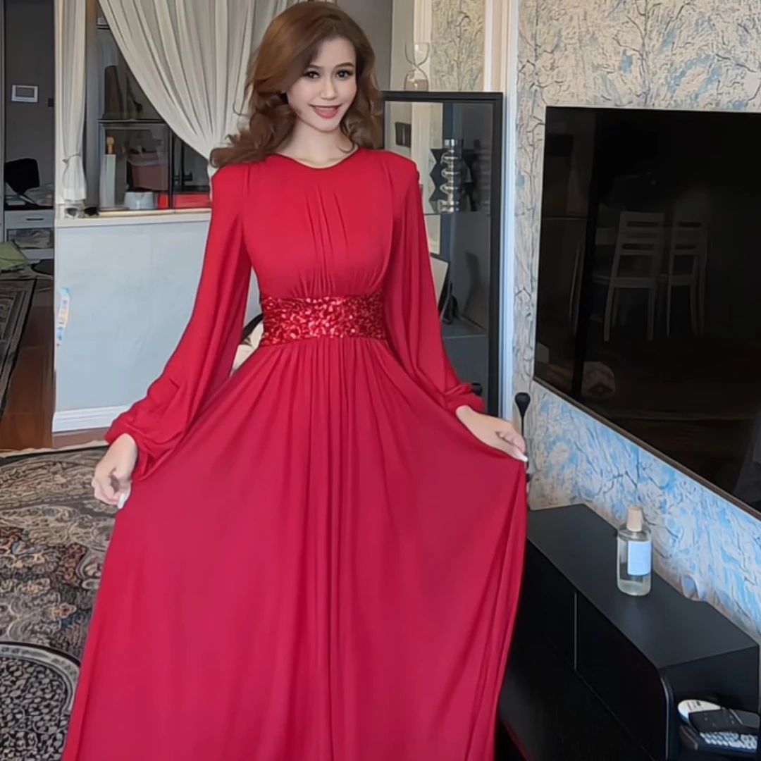 红色长款亮片收腰显瘦连衣裙