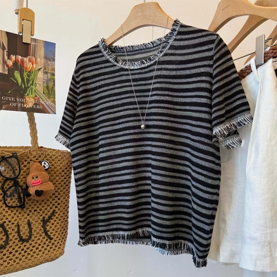 高级感穿搭设计感流苏黑色条纹针织衫短袖女宽松休闲外穿薄款上衣