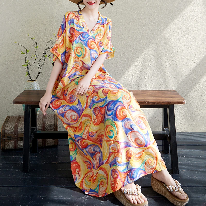 夏季V领薄棉麻黄圈圈印花长裙女宽松文艺复古设计感遮肉长款袍子