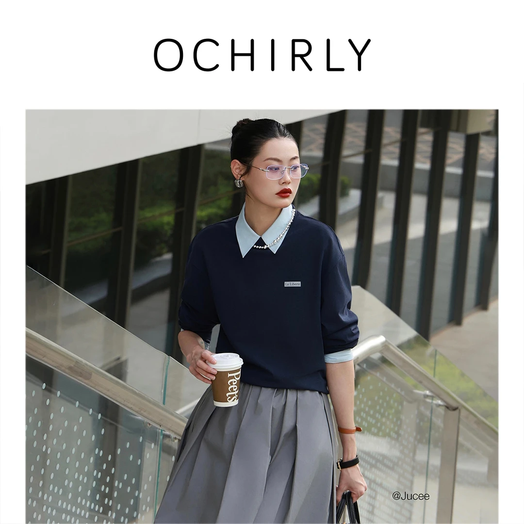 【商场同款】OCHIRLY欧时力 亚麻棉混纺字母印花长袖T恤25夏季新款