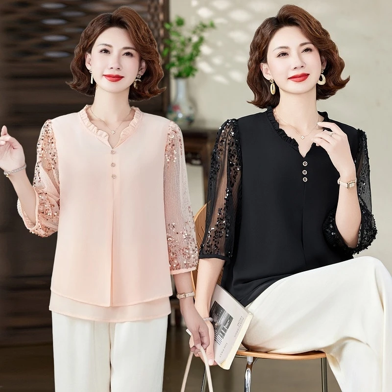 母亲节妈妈夏装洋气短袖雪纺T恤衫2025新款夏季宽松中年女士上衣