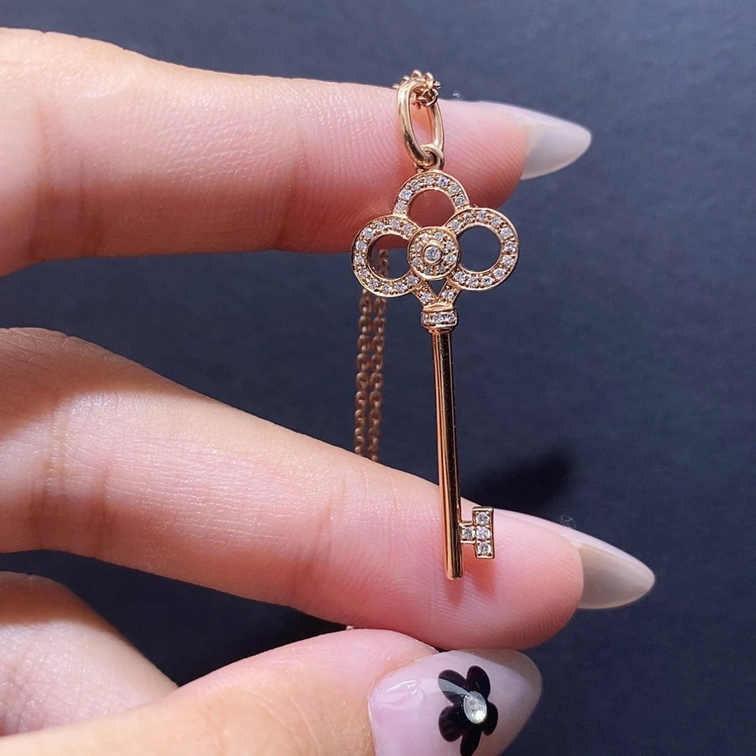 颈饰钻石18K金镶嵌皇冠钥匙项链k玫