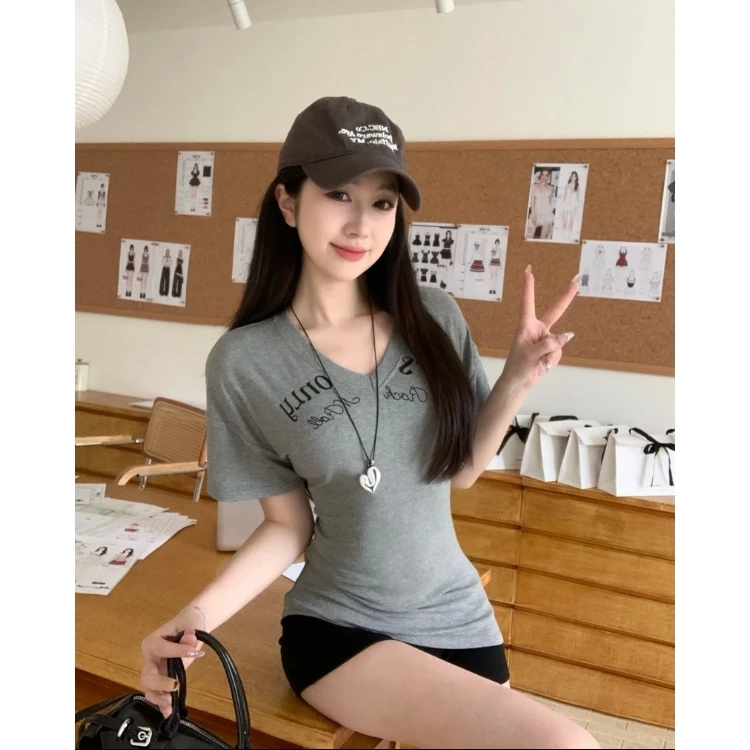 美式辣妹修身显瘦字母印花短袖T恤女装夏季百搭绝美chic短款上衣