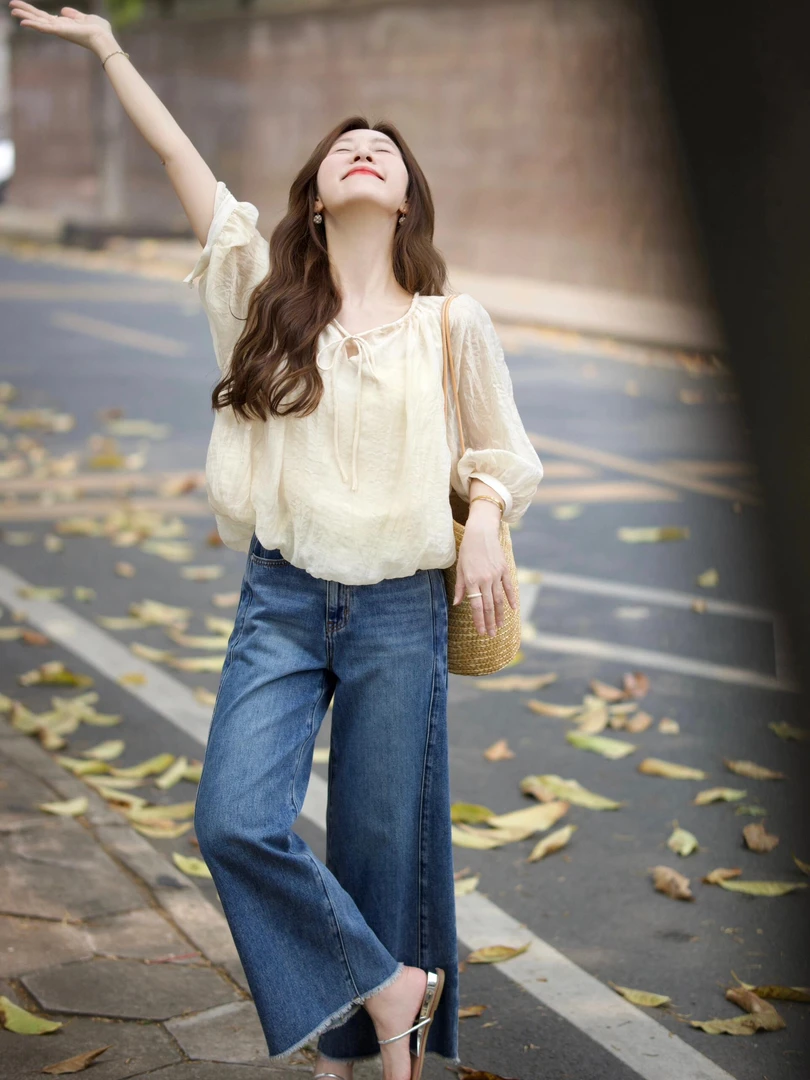 2025夏季新款法式高级感泡泡袖衬衫复古显瘦阔腿裤时尚减龄两件套