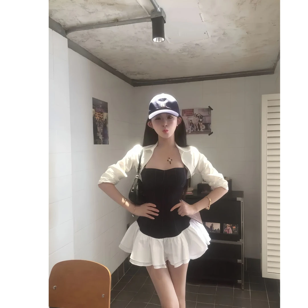 超优比例 纯欲辣妹气质撞色吊带连衣裙夏季新款性感礼服a字短裙女