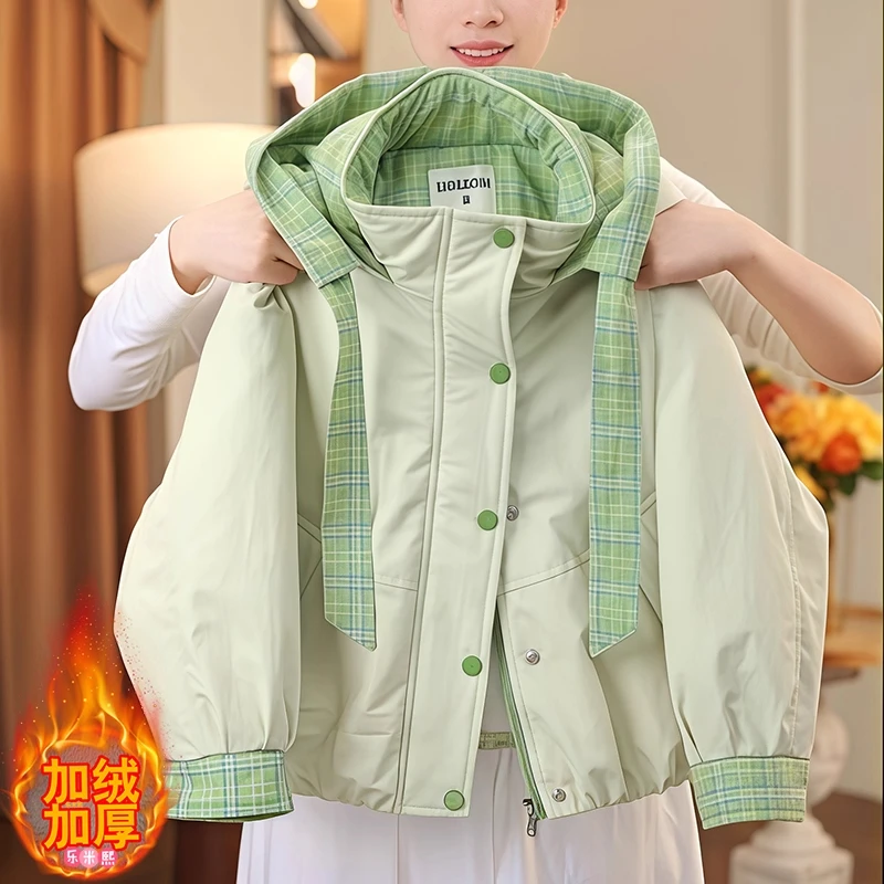 女童加绒派克服外套2025新款秋冬加厚连帽棉服加棉格子拼色棉衣潮