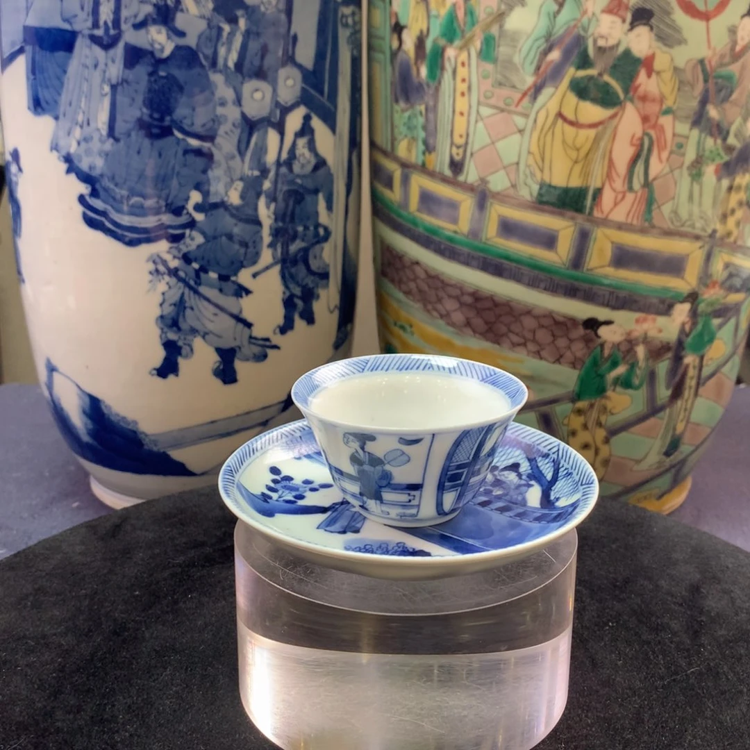 陶杯子4417瓷器—青花人物杯碟一套