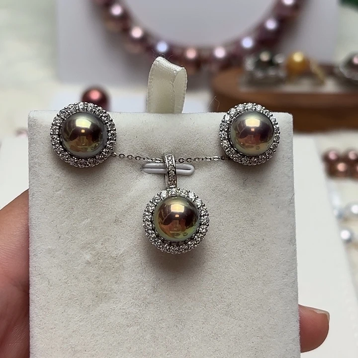 淡水珍珠银S925镶嵌颈饰10-11正圆牛油果