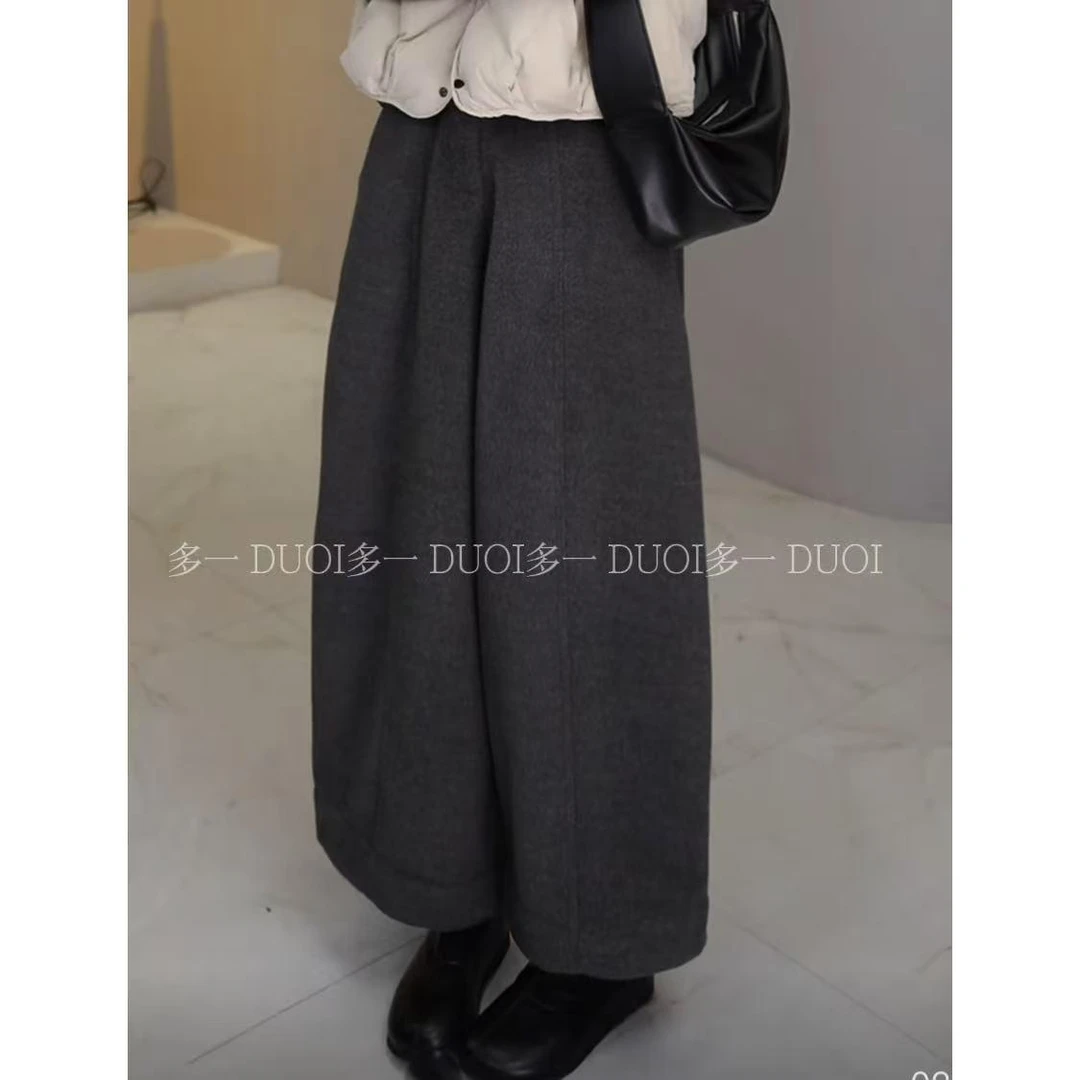 多一“暮烟裤”2025冬季一粒扣半松紧加厚直筒百搭毛呢阔腿裤