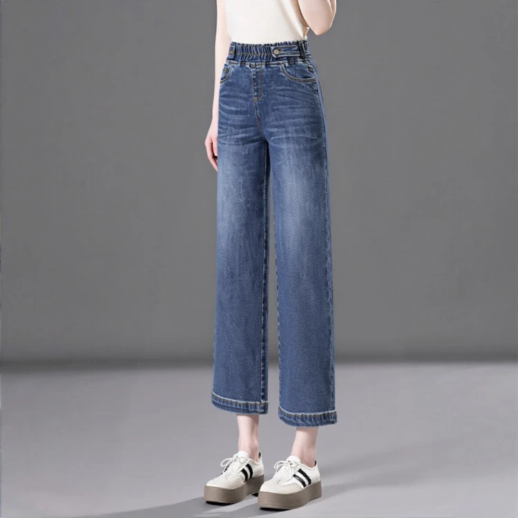 2025年新款夏季松紧腰垂感宽松直筒裤八分小个子九分阔腿牛仔裤女