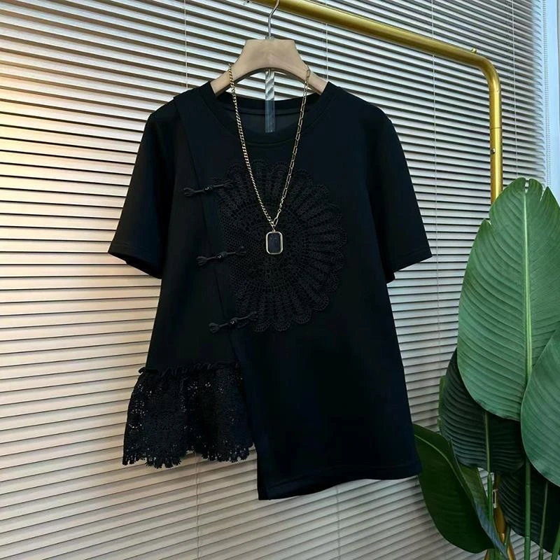 COS MOCO UR正品2025早秋新款女士胖mm短袖蕾丝拼接上衣大码设计