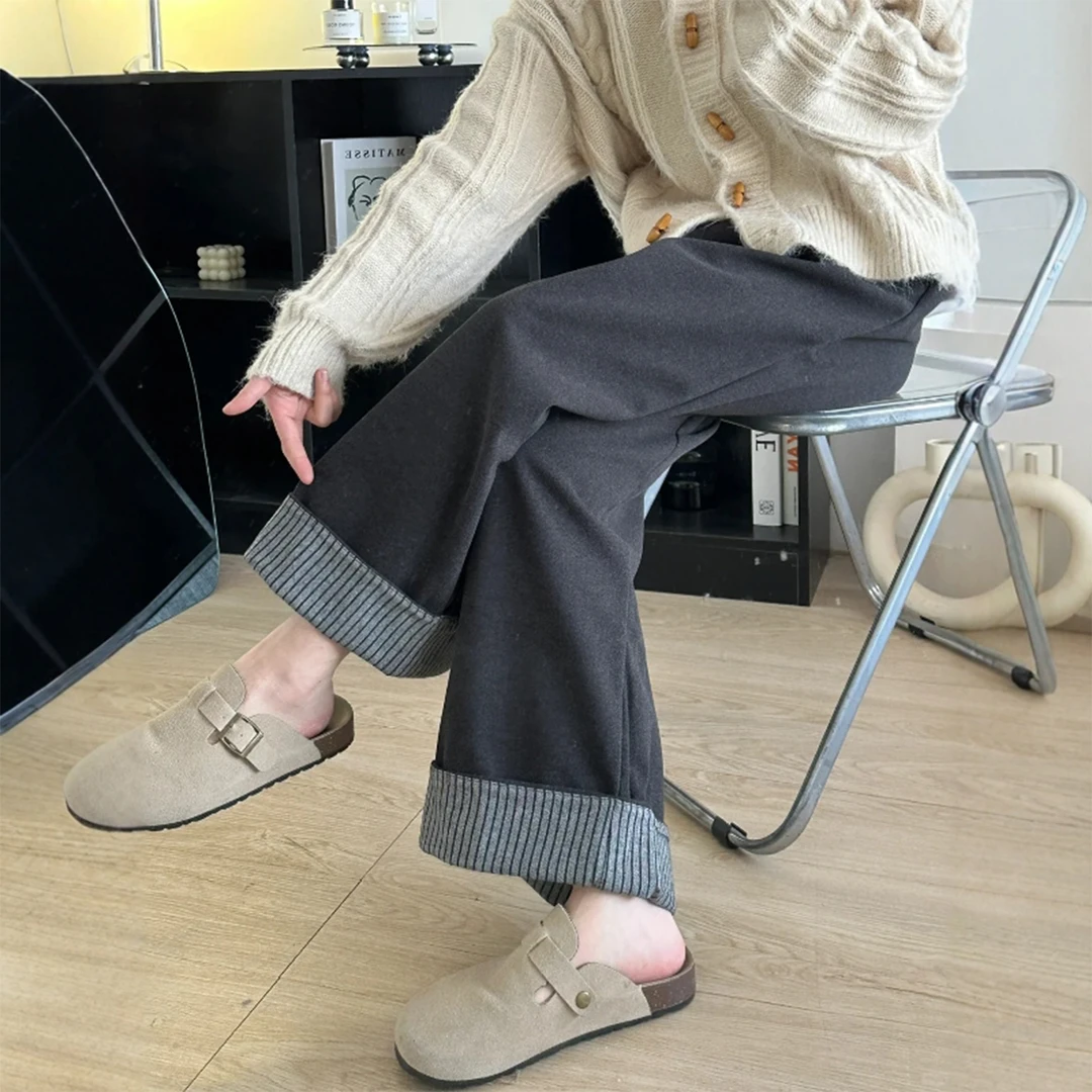 灰色人字纹卷边阔腿裤女秋冬大码胖mm梨形身材显瘦直筒毛呢休闲裤