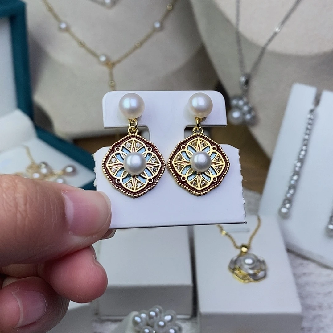 银S925镶嵌淡水珍珠耳饰