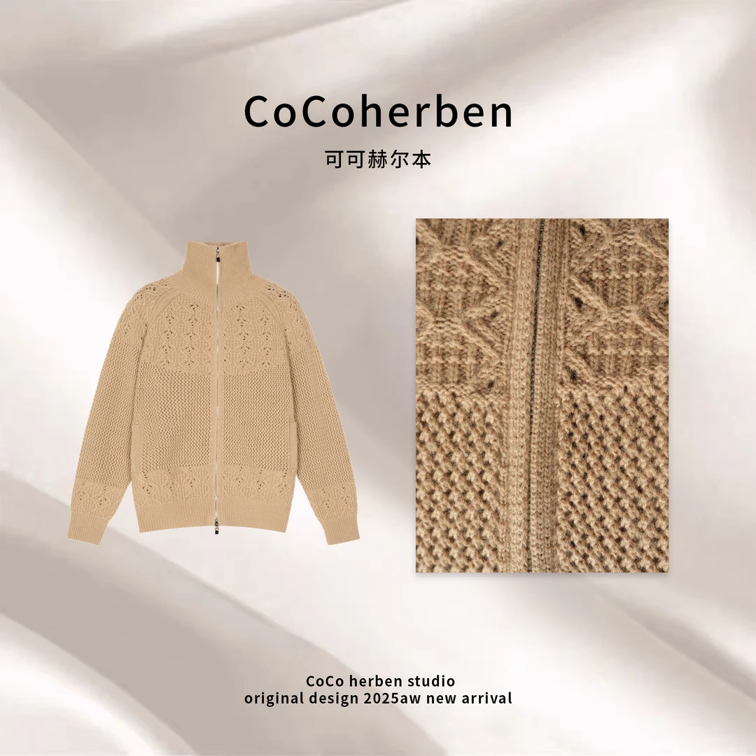 CocoHerben时尚百搭冬季新款钩针提花拉链开衫2HBT0896