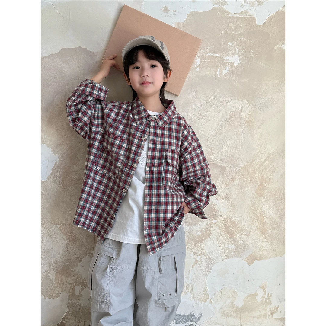 2025秋款儿童格子衬衫韩版洋气红格纹男女童宽松衬衣外出服潮