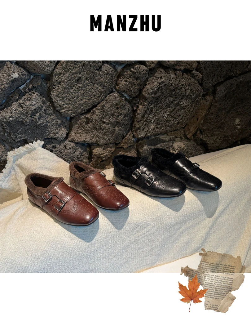 MANZHU.手工雕花布洛克英伦复古老钱深口金属扣绒毛单鞋YUAN2610