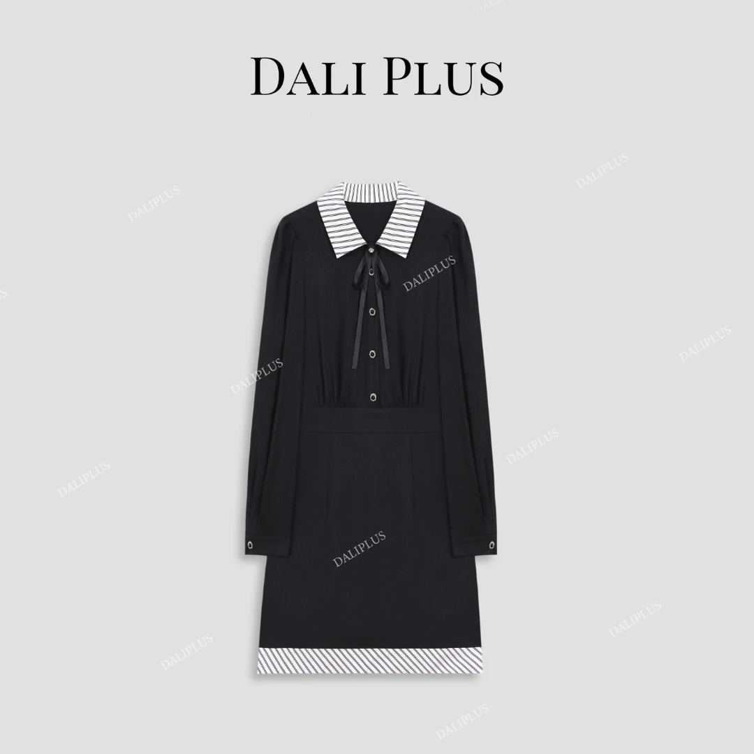 高端法式气质假两件拼接条纹领天丝麻连衣裙-D5SS7010