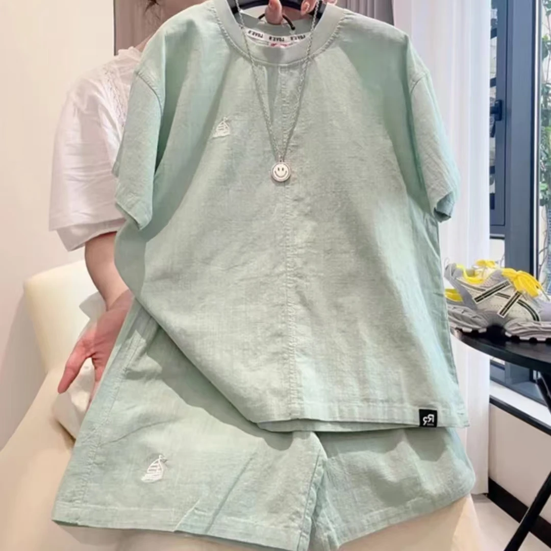 男童短袖套装2025夏季薄款棉麻T恤五分裤两件套00221