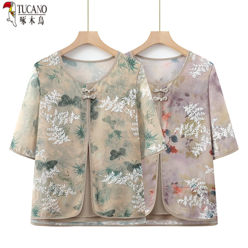 啄木鸟中老年女装T恤60岁时尚妈妈装小衫洋气夏季中年薄款大码老