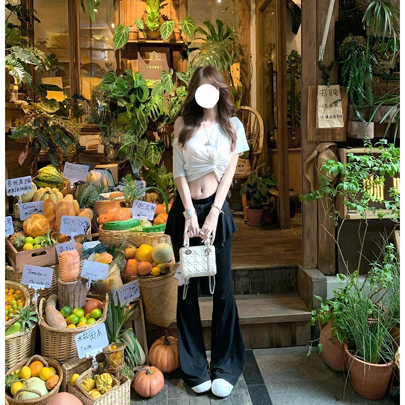 【美肩天赋】扭结设计斜肩修身露肩短袖T恤女假两件绑带叠穿休闲裤