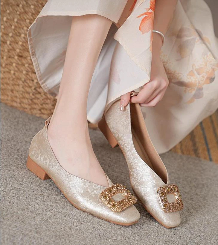 【羊皮】新中式古韵方头低跟浅口单鞋女2025春季新款奶奶鞋平底软底