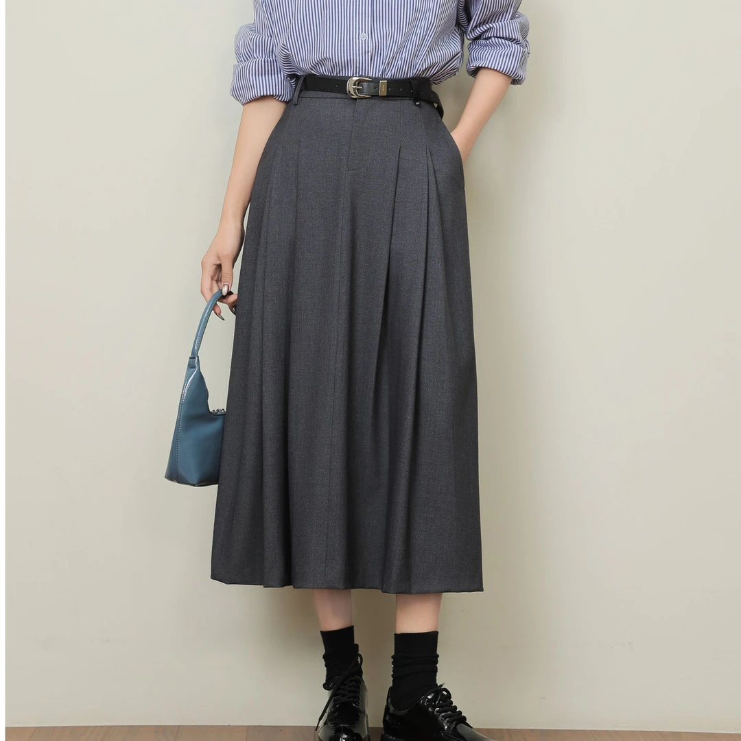 【新东方】高级感醋酸中长百褶裙女春款高腰时尚通勤半身裙RQ8719