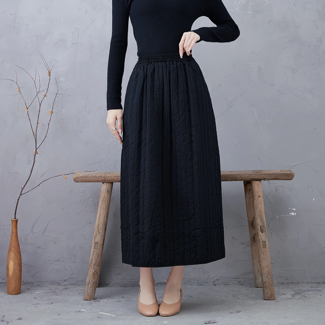 秋冬巨显瘦夹棉半身裙裙子松紧新款大码竖条纹黑色简约百搭保暖女