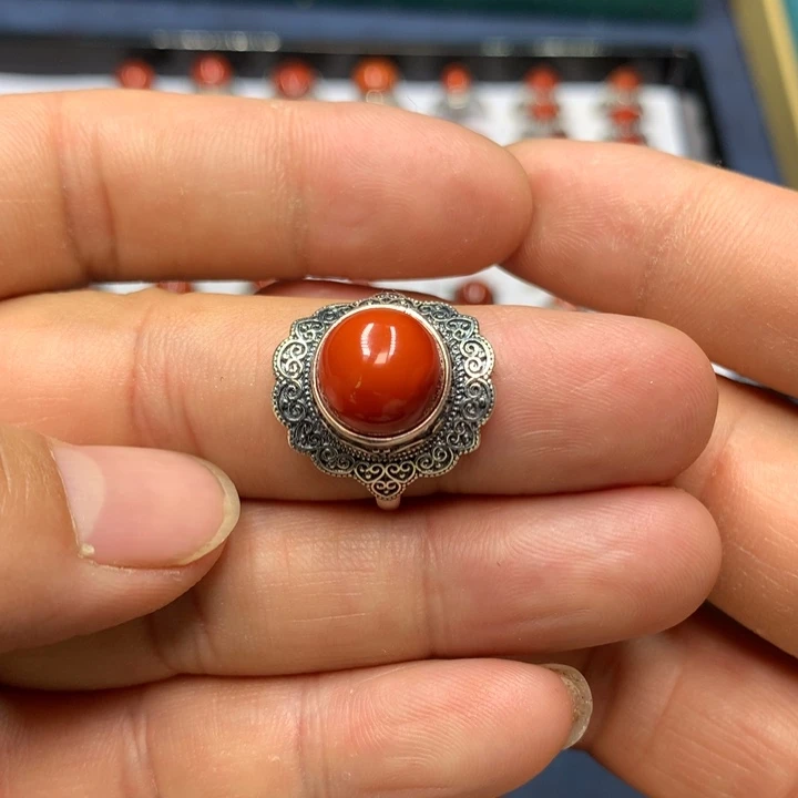 南红玛瑙戒指银S925镶嵌