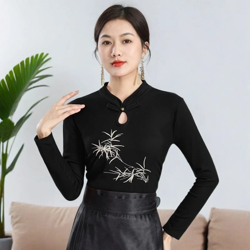 新中式国风刺绣长袖t恤女秋季新款民族风小衫收腰显瘦小个子上衣