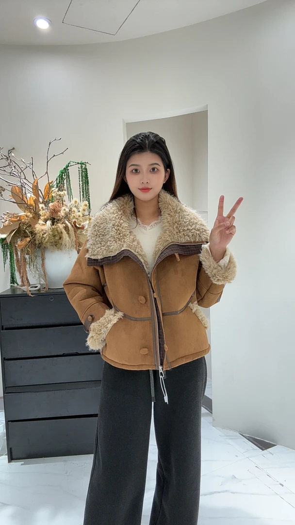 083冬季新款皮毛一体时尚气质外套女加厚保暖鹿皮毛绒上衣