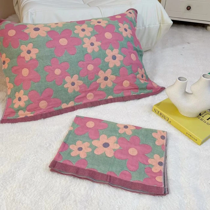 【枕巾-花期-绿】52*78cm 加厚纱布成人枕巾一对装！