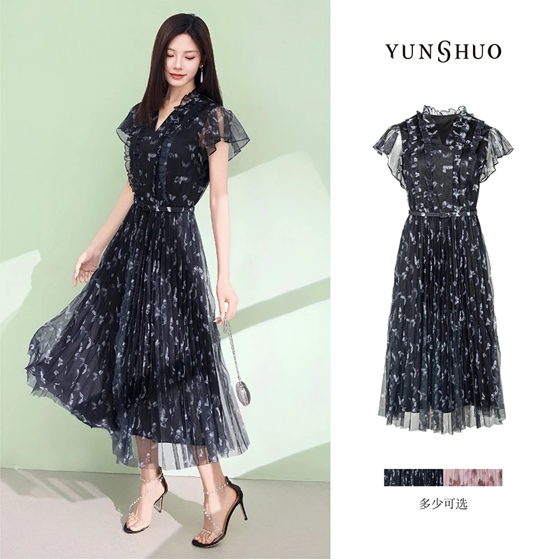 允硕夏季新品时尚百搭女装印花网纱无袖温柔高腰遮胯连衣裙569452