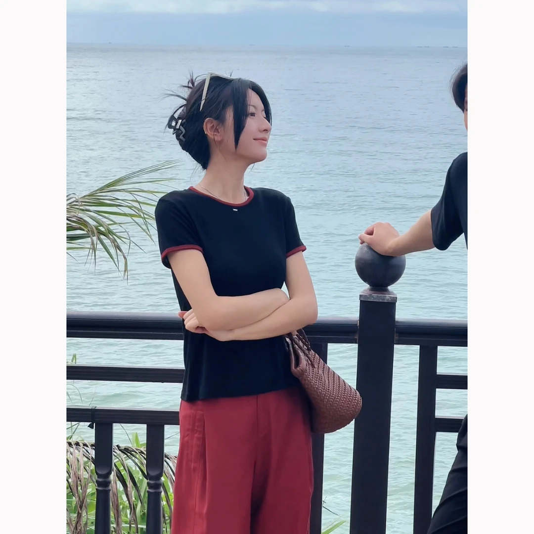 【重磅新款】休闲打底百搭轻奢时尚撞色夏季舒适圆领女款T恤S873