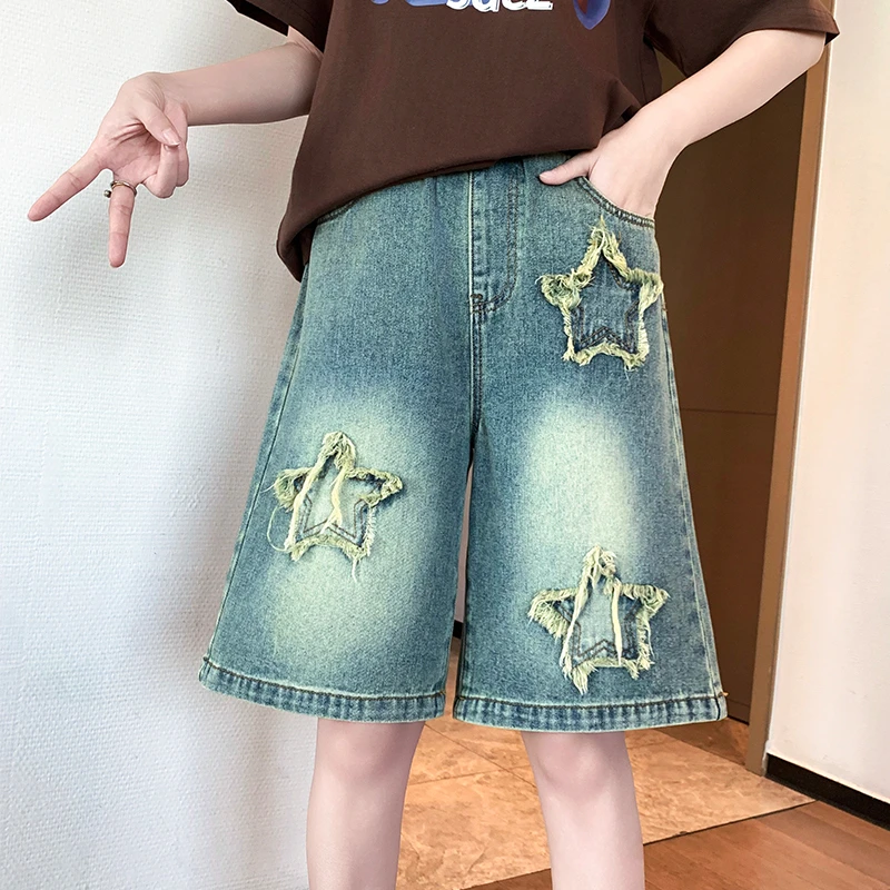 胖mm夏季薄款高腰阔腿五分裤女大码松紧腰休闲百搭复古风牛仔短裤