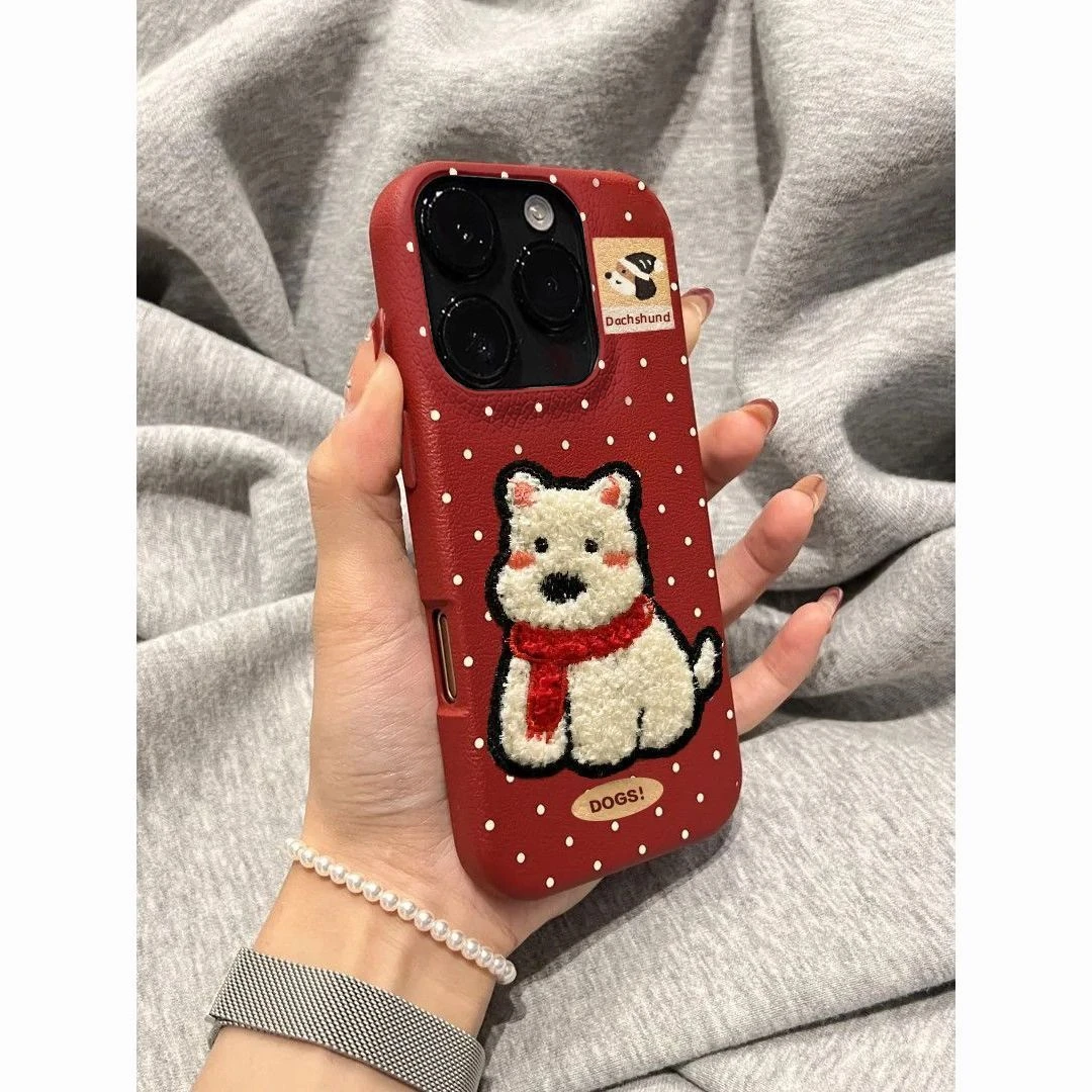 波点刺绣红围巾小狗适用苹果/华为/小米/VIVO/OPPO一加小众手机壳