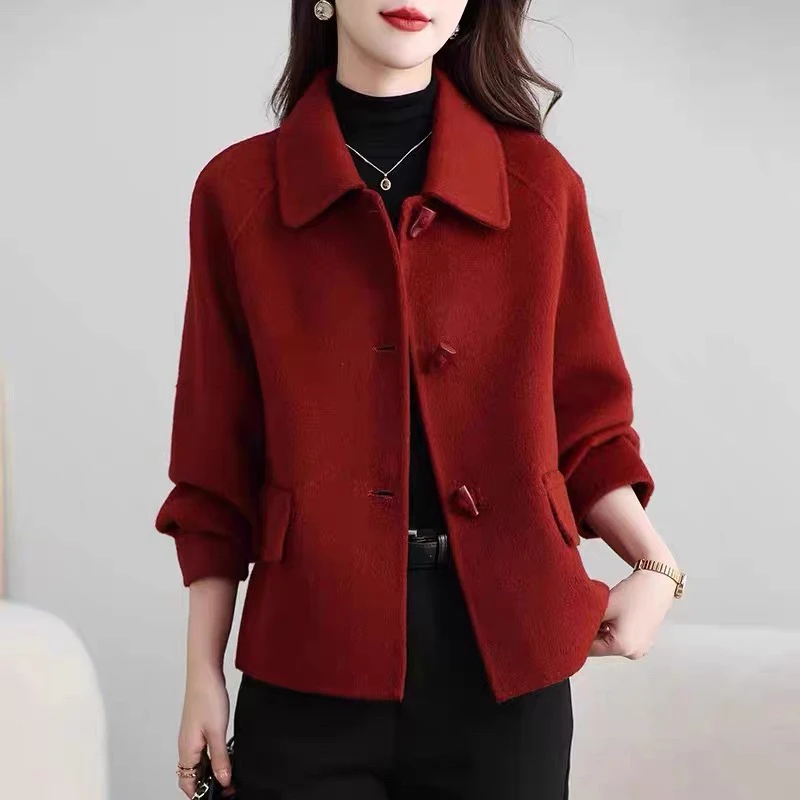 牛角扣双面呢大衣女小个短款中年妈妈毛呢外套2025新款双面绒上衣