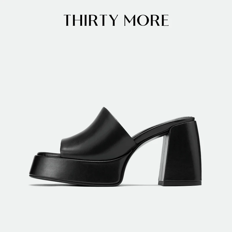 ThirtyMore增高防水台凉拖女夏季新款黑色露趾外穿高跟拖鞋