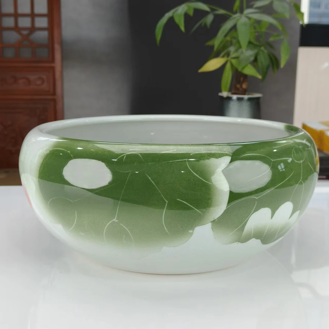 【王家陶瓷】红绿荷花水浅鱼缸大号XD