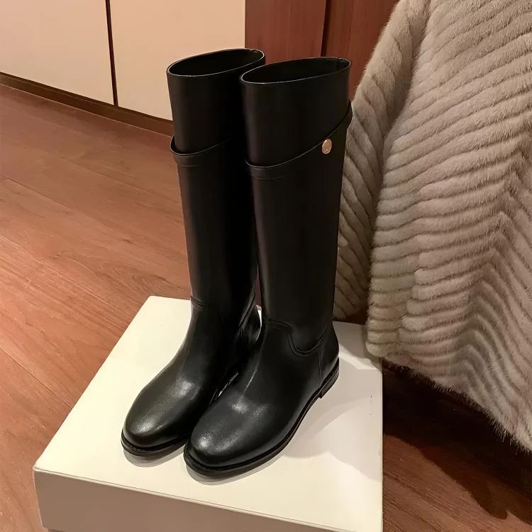 【S茵茵同款】韩剧女主~韩国真皮小金扣中高筒长靴女骑士靴秋冬新款
