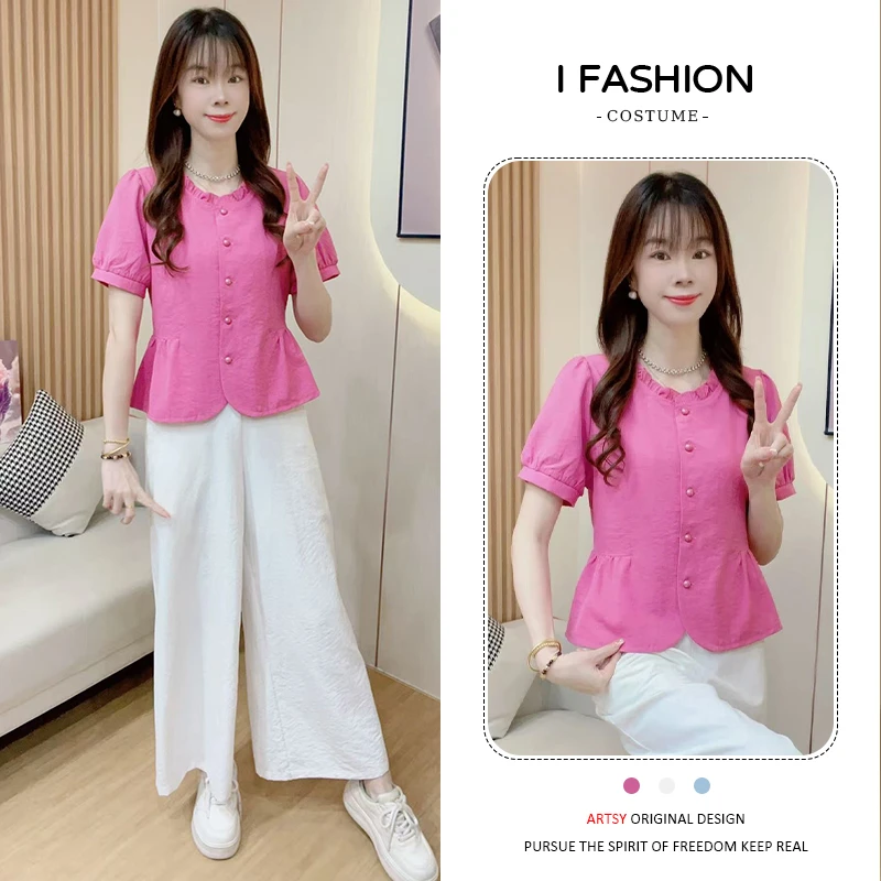 木耳花边领短袖衬衫女2025年夏季新款设计感洋气显瘦百搭减龄上衣