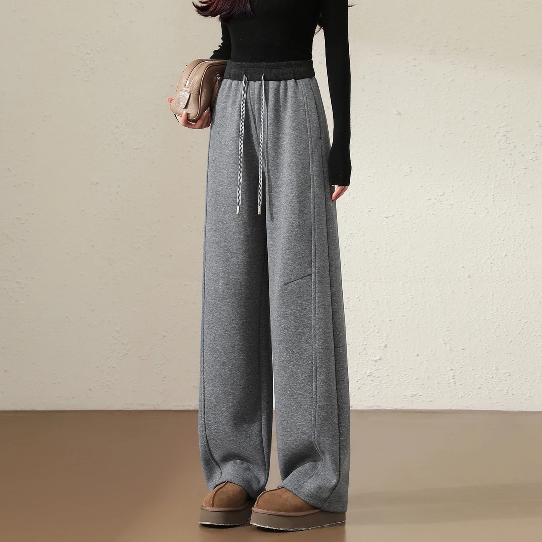 高端毛呢直筒裤女撞色秋冬新品超好穿加绒气质梨型身材窄版阔腿裤