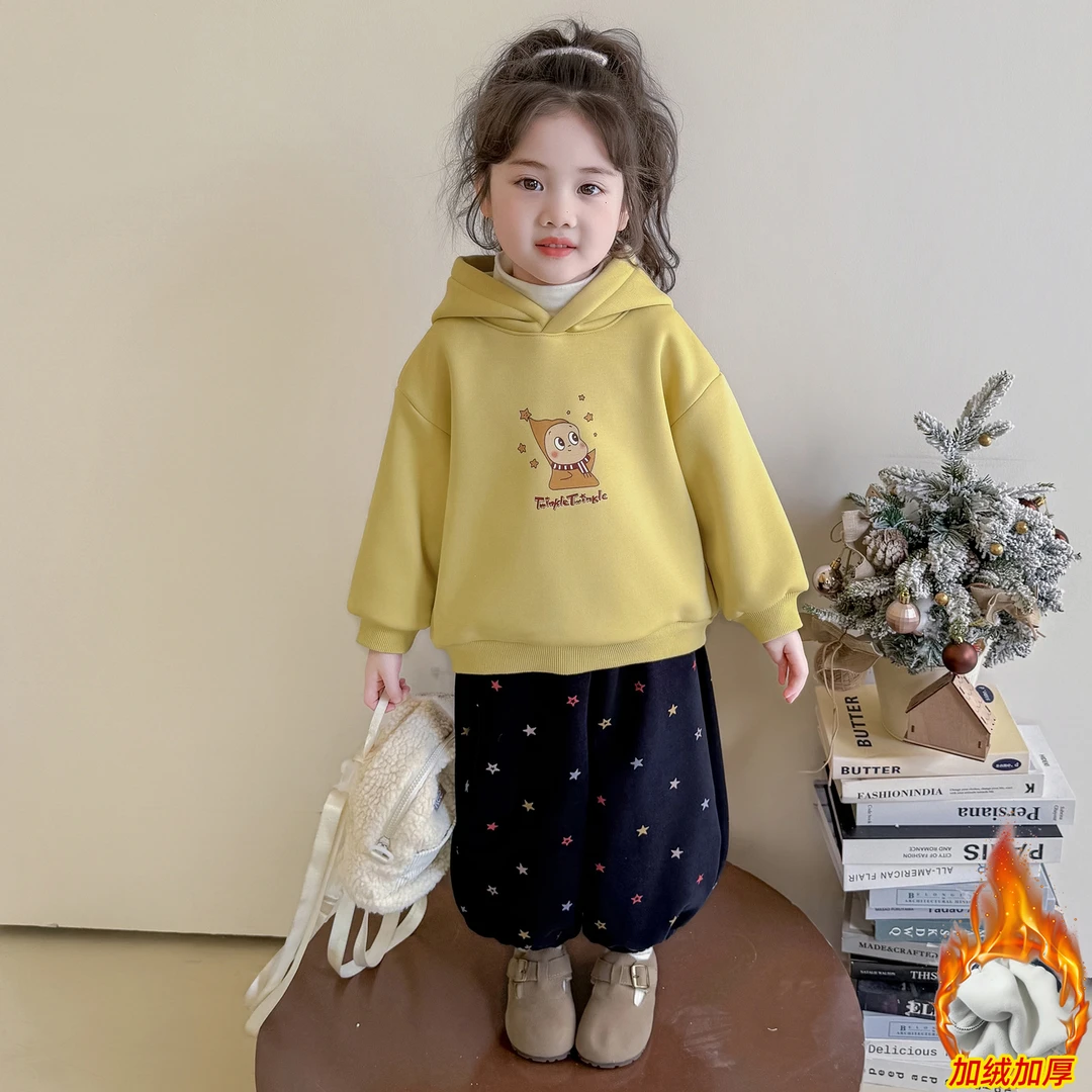 女童加绒卫衣套装秋冬装2025冬季新款儿童一体绒加厚长袖两件套潮