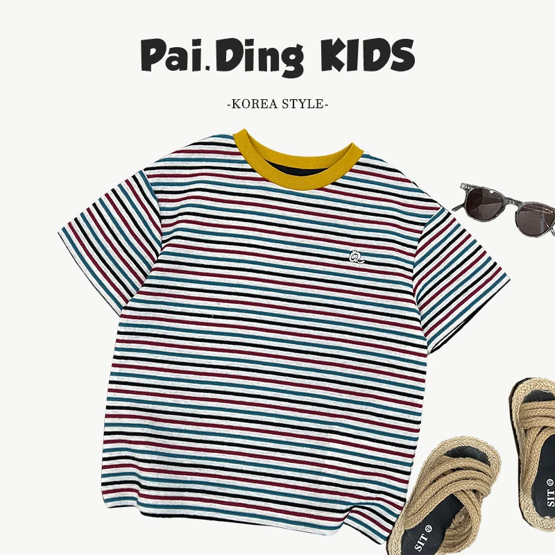【兔小呗】夏装儿童韩版时尚复古彩条纹宽松百搭圆领短袖T恤SJ5810