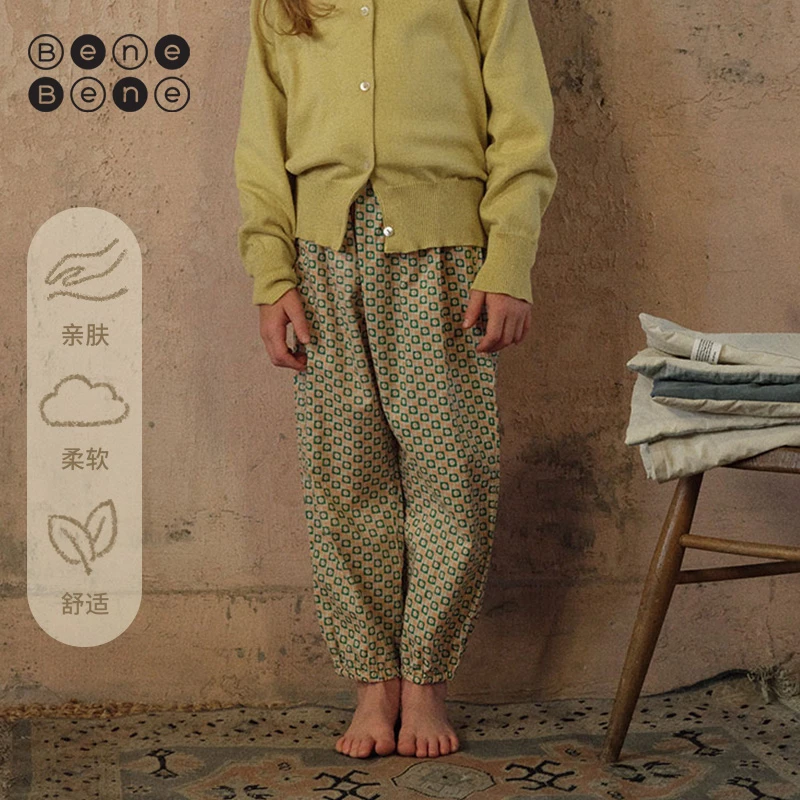 BeneBene25春夏新款婴儿女童纯棉设计款长裤新年时尚复古方块长裤